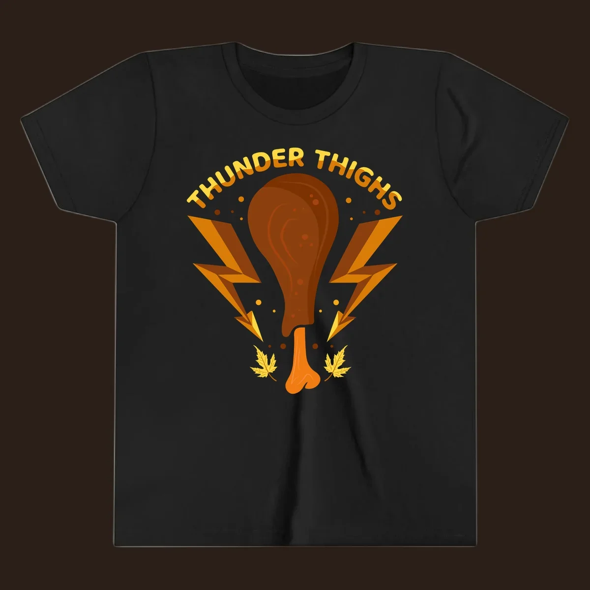 Thunder Thighs turkey leg graphic with lightning bolts and text, for Thanksgiving.