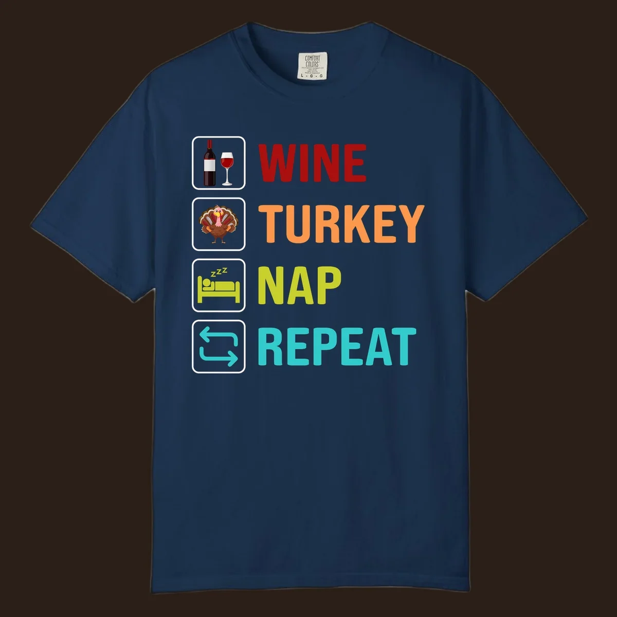 Thanksgiving wine turkey nap repeat list design with icons and text.