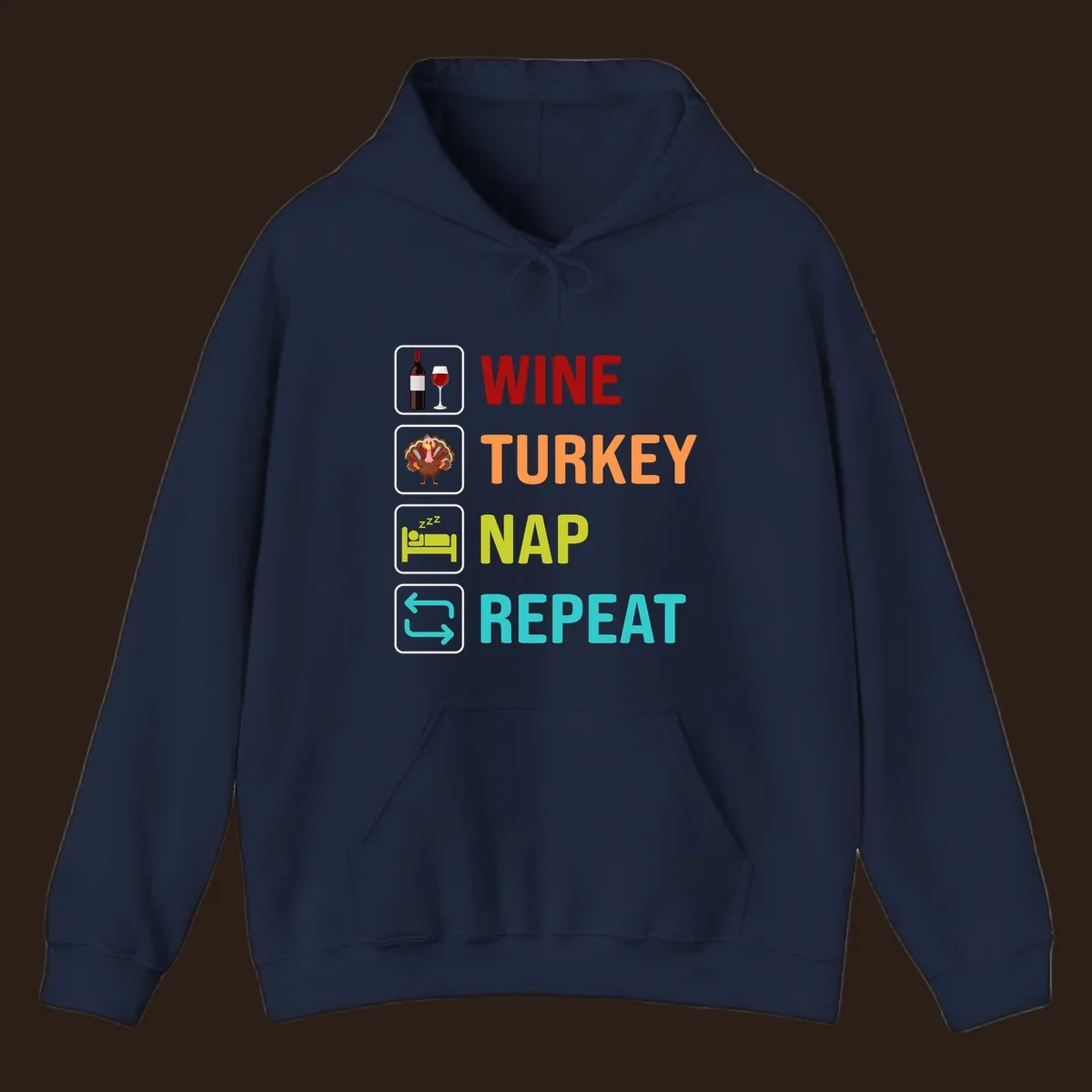 Thanksgiving wine turkey nap repeat list design with icons and text.