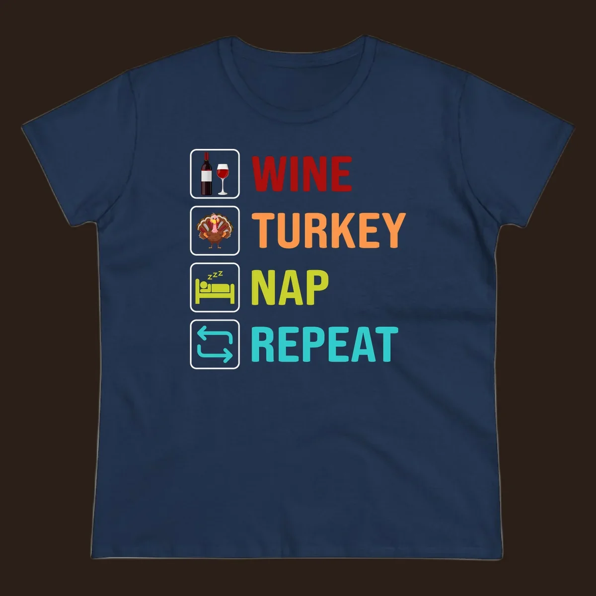 Thanksgiving wine turkey nap repeat list design with icons and text.