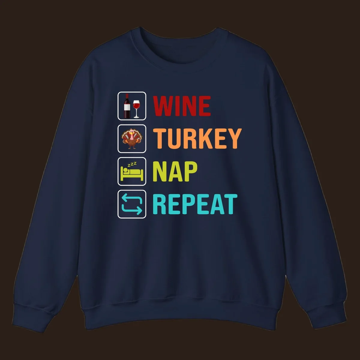 Thanksgiving wine turkey nap repeat list design with icons and text.