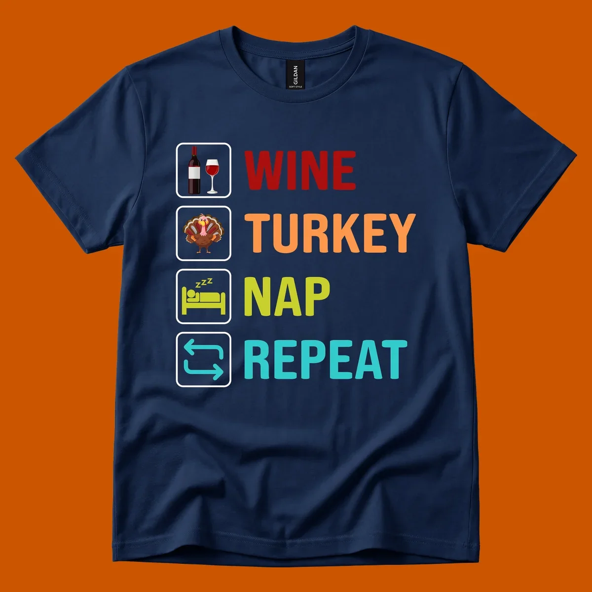 Thanksgiving wine turkey nap repeat list design with icons and text.