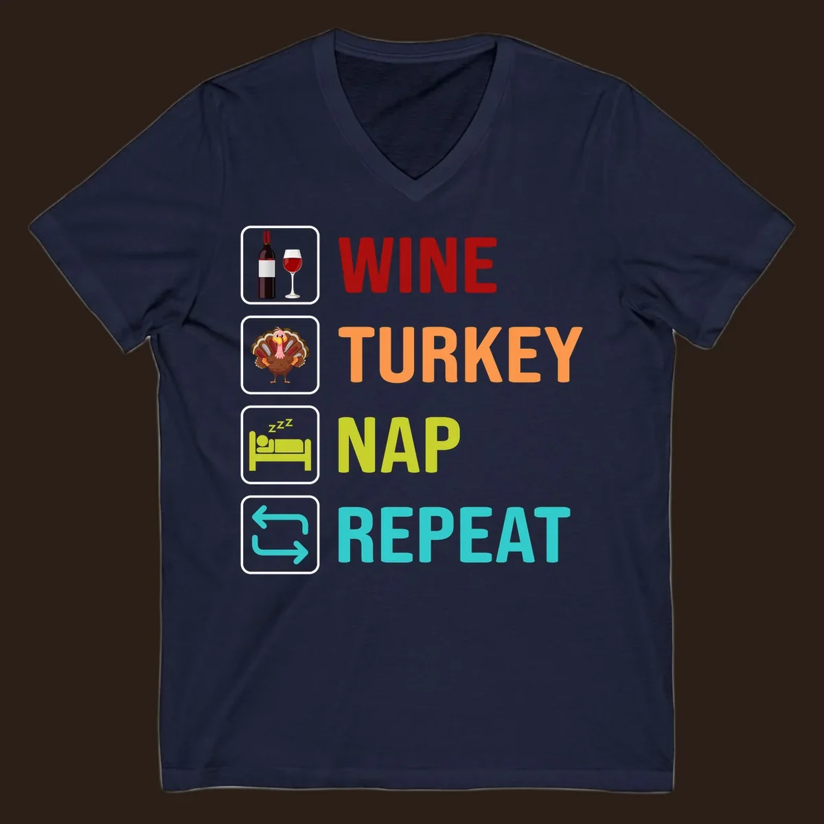 Thanksgiving wine turkey nap repeat list design with icons and text.