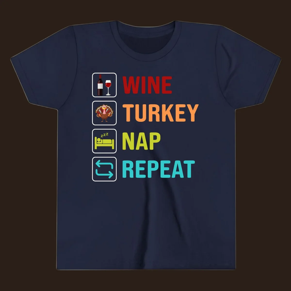 Thanksgiving wine turkey nap repeat list design with icons and text.