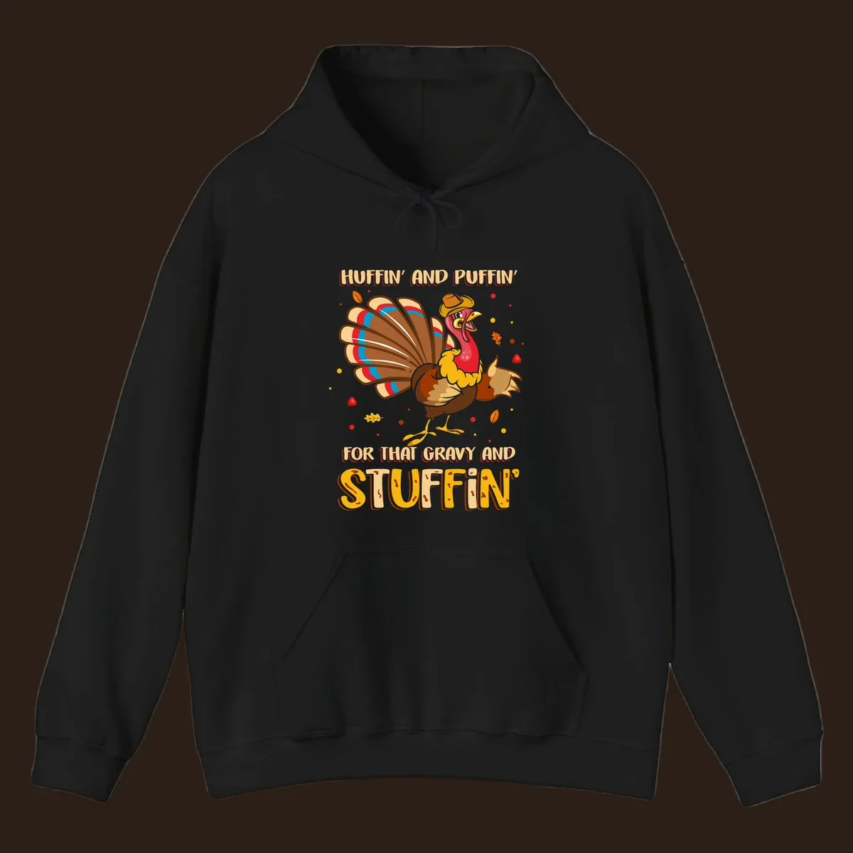 Cartoon turkey with fanned feathers and text 'Huffin And Puffin For Gravy Stuffin'