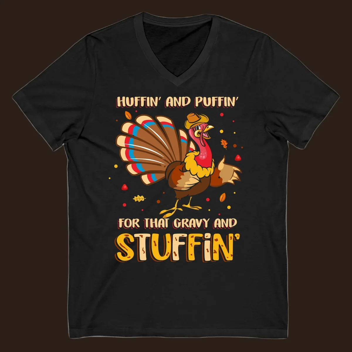 Cartoon turkey with fanned feathers and text 'Huffin And Puffin For Gravy Stuffin'