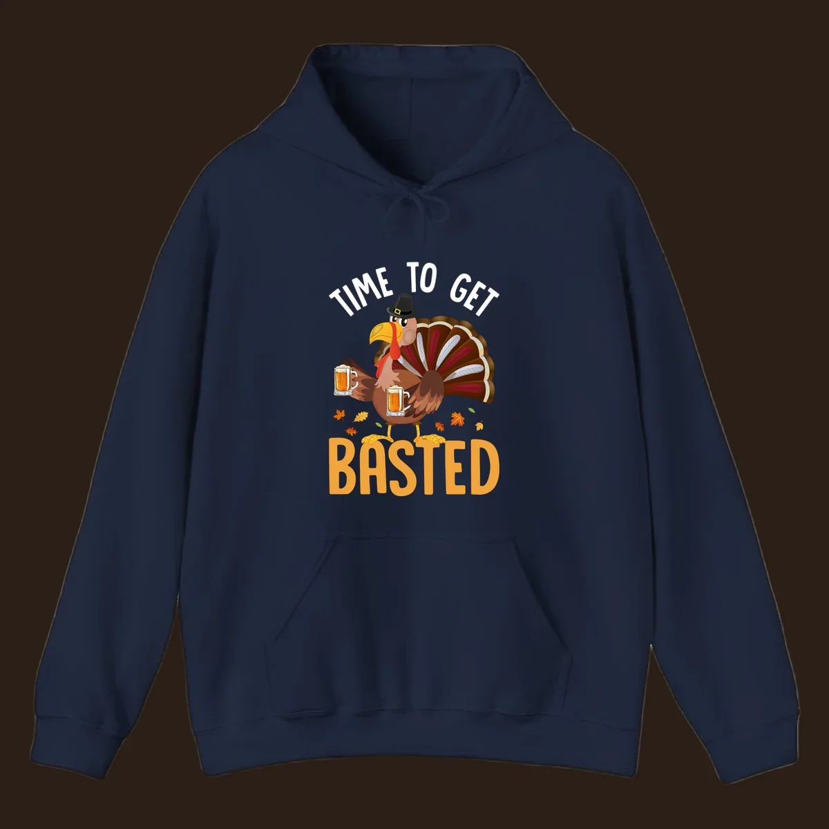 Funny Thanksgiving turkey with beer, text reads "Time to Get Basted".