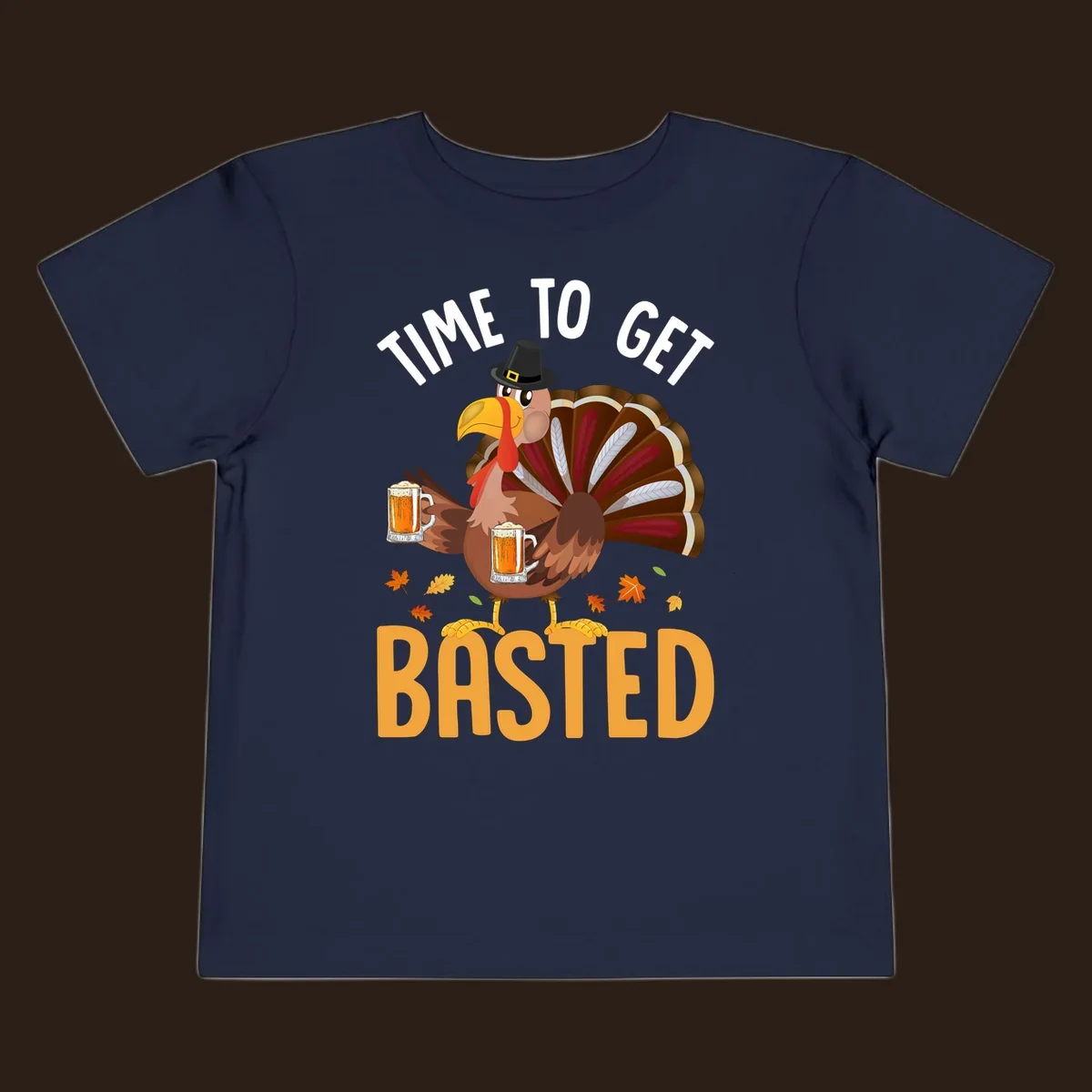 Funny Thanksgiving turkey with beer, text reads "Time to Get Basted".