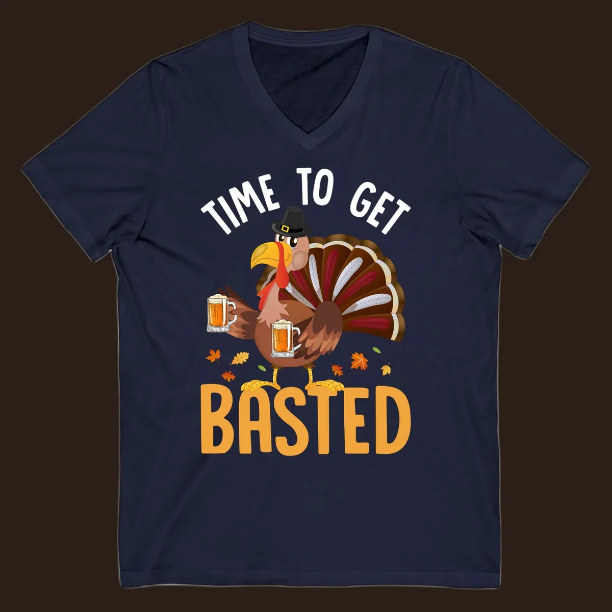 Funny Thanksgiving turkey with beer, text reads "Time to Get Basted".
