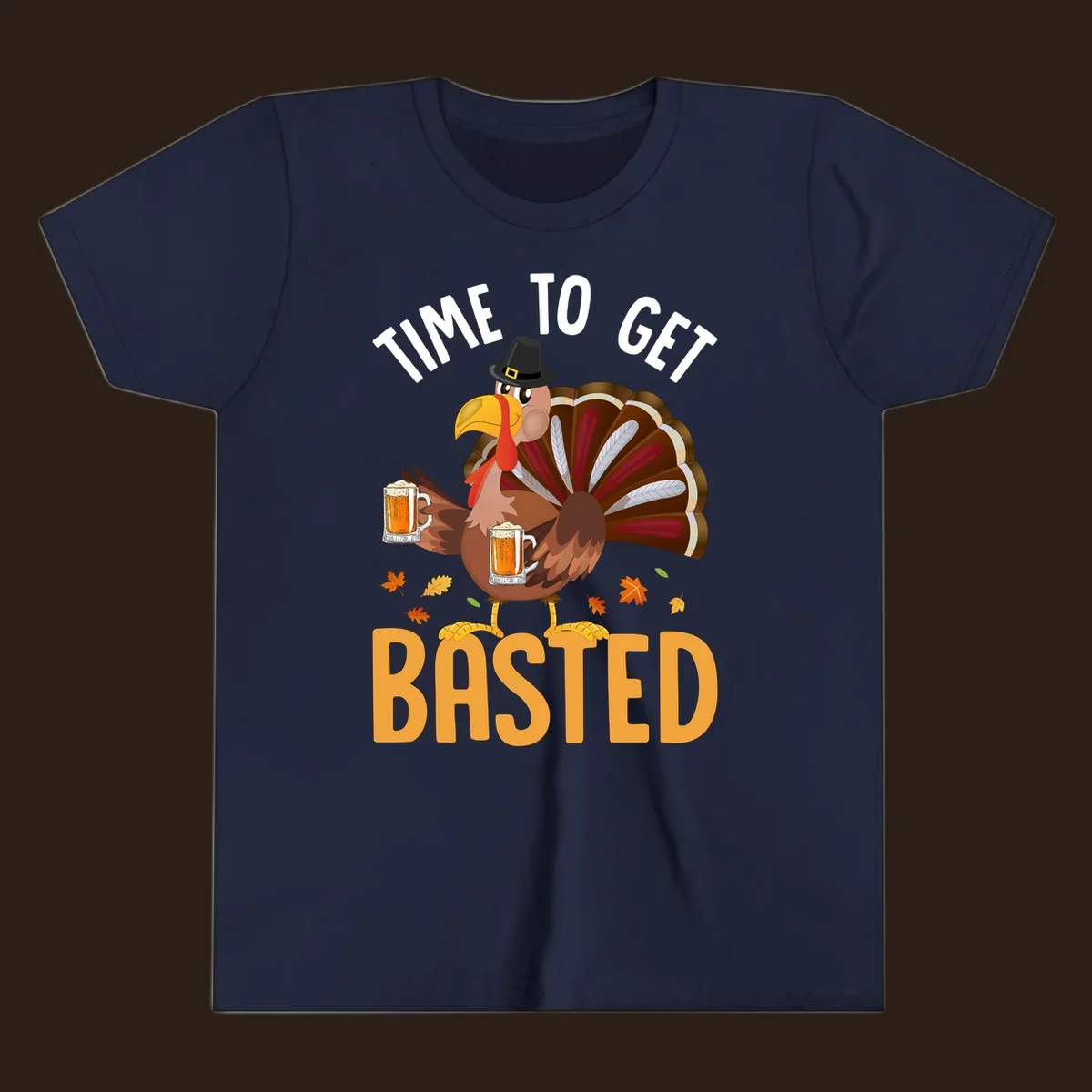 Funny Thanksgiving turkey with beer, text reads "Time to Get Basted".