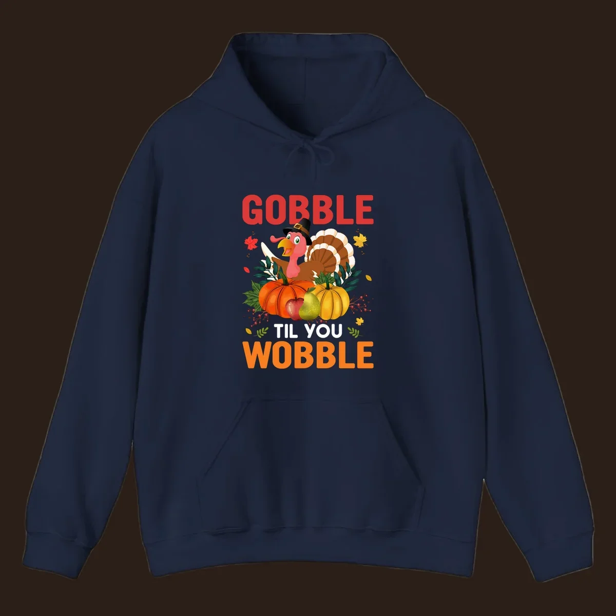 Gobble Til You Wobble Thanksgiving turkey illustration with pumpkins and text.