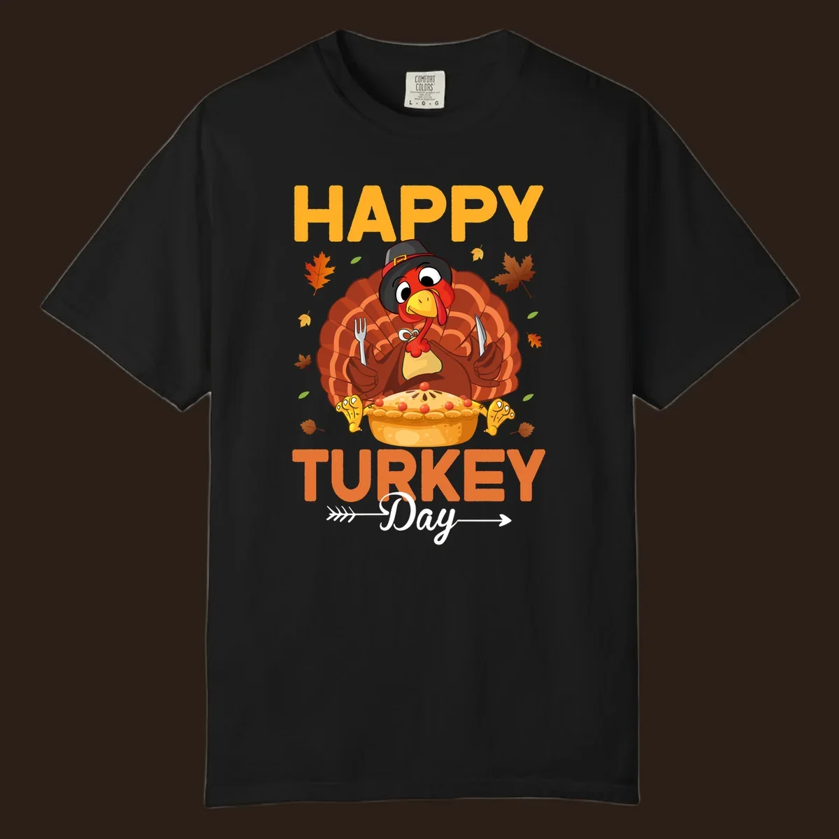 Happy Turkey Day cartoon illustration with a turkey, pie, and text. 