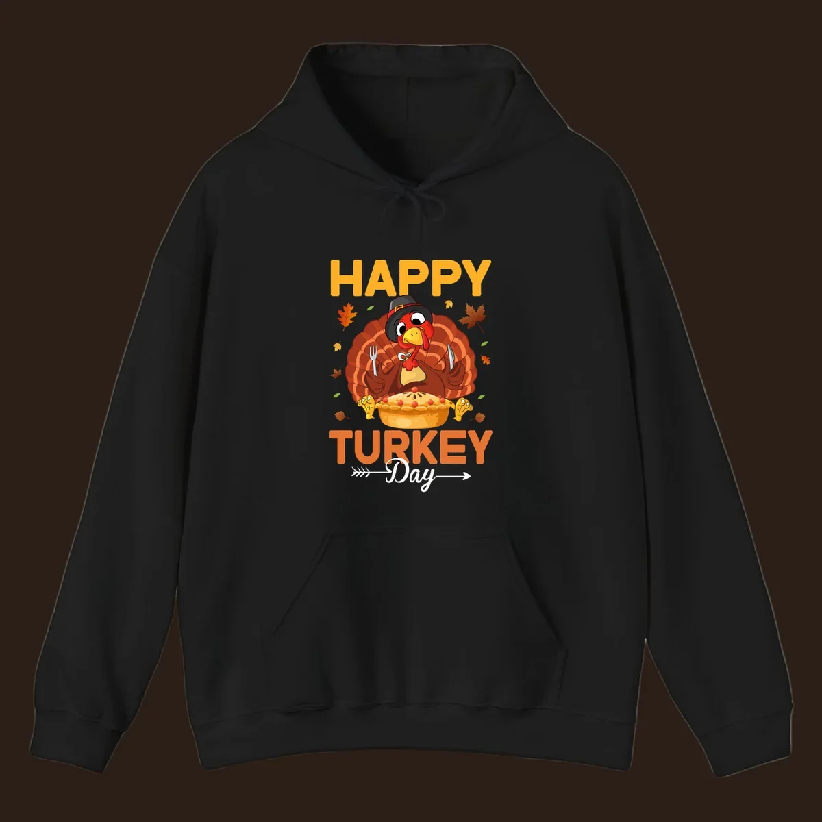 Happy Turkey Day cartoon illustration with a turkey, pie, and text. 