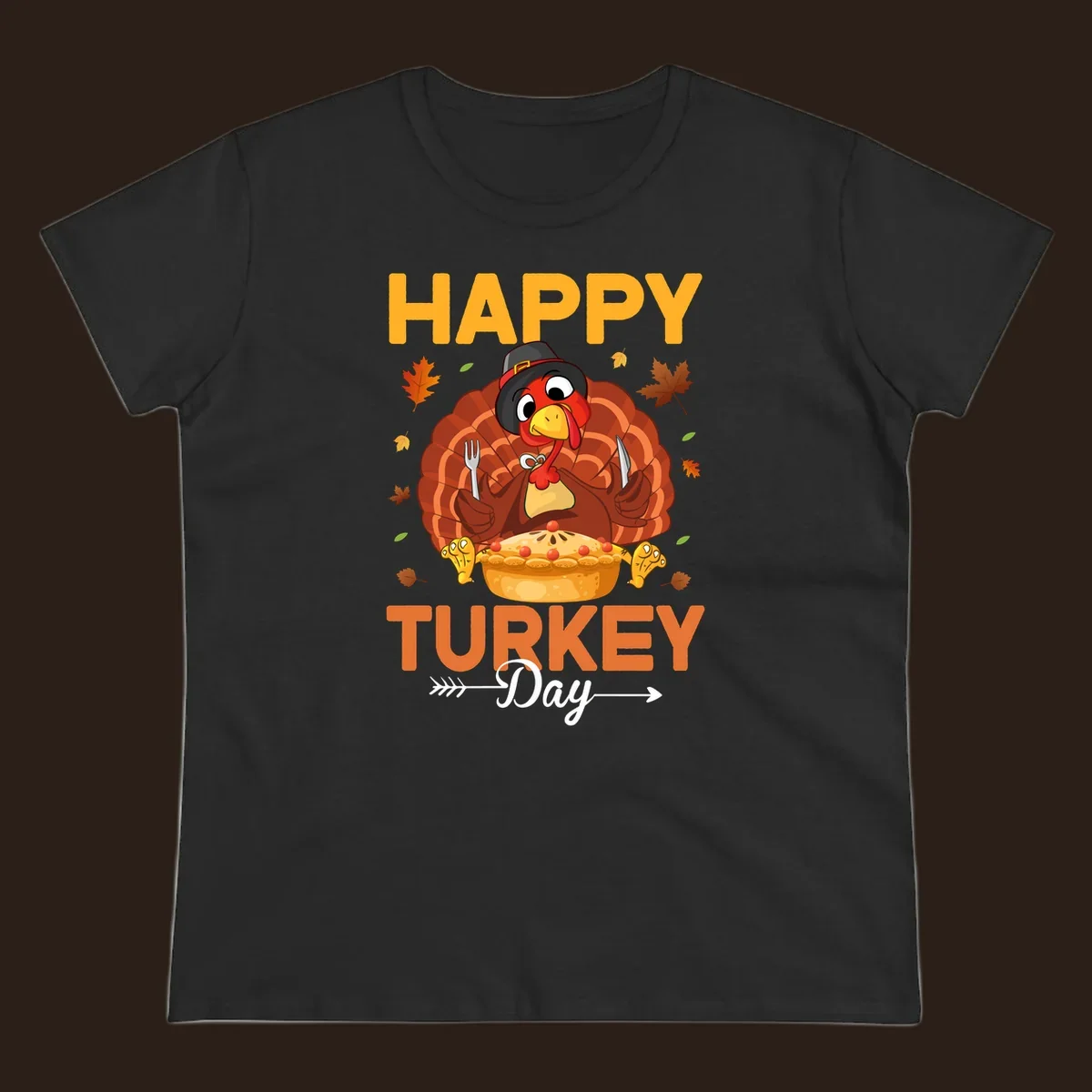 Happy Turkey Day cartoon illustration with a turkey, pie, and text. 