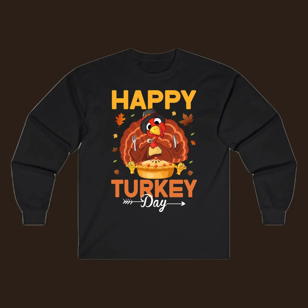 Happy Turkey Day cartoon illustration with a turkey, pie, and text. 