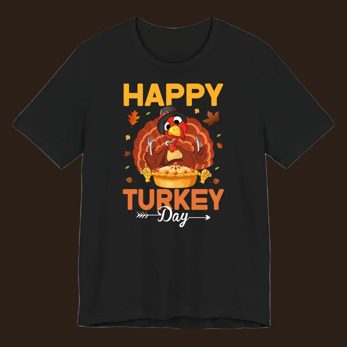 Happy Turkey Day cartoon illustration with a turkey, pie, and text. 