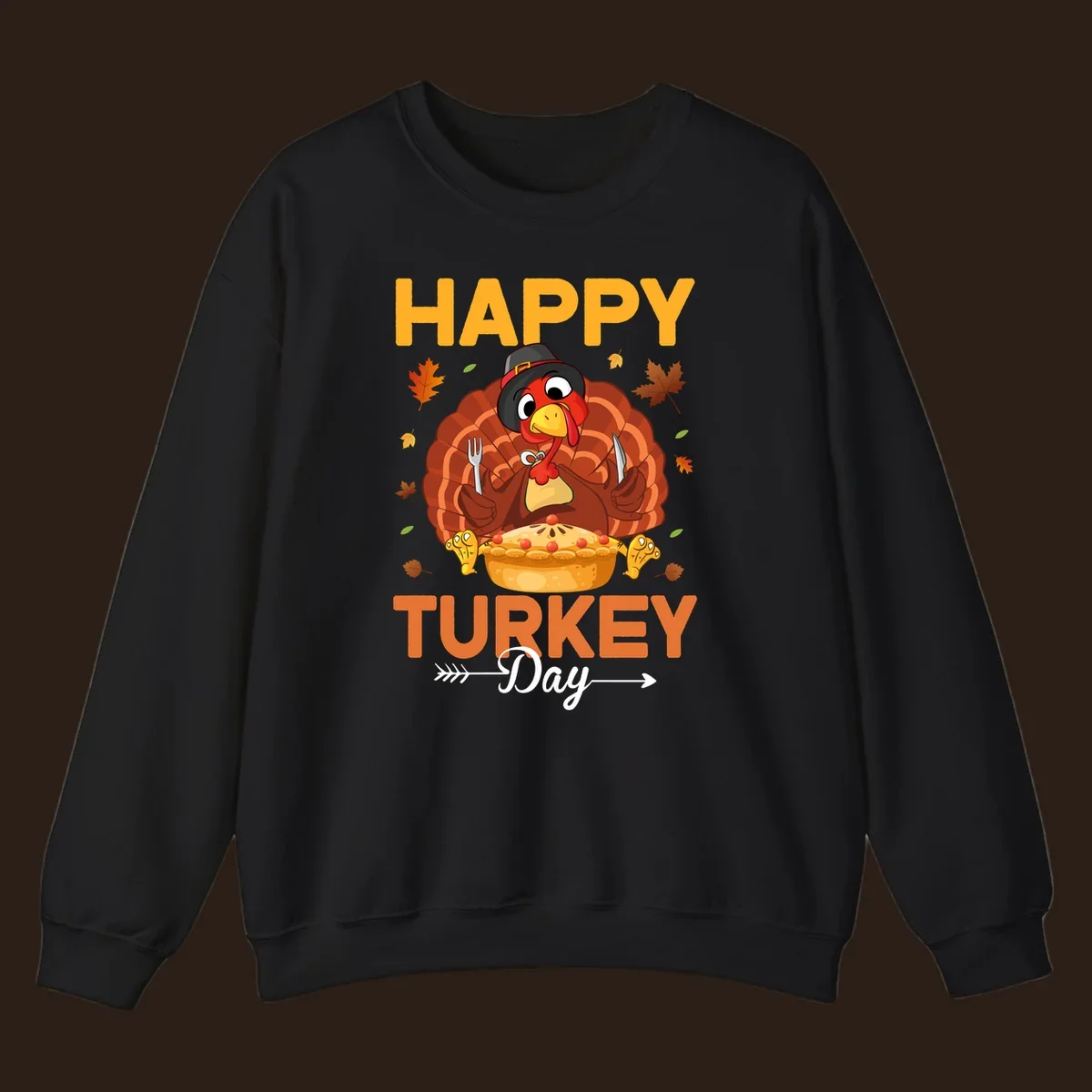 Happy Turkey Day cartoon illustration with a turkey, pie, and text. 
