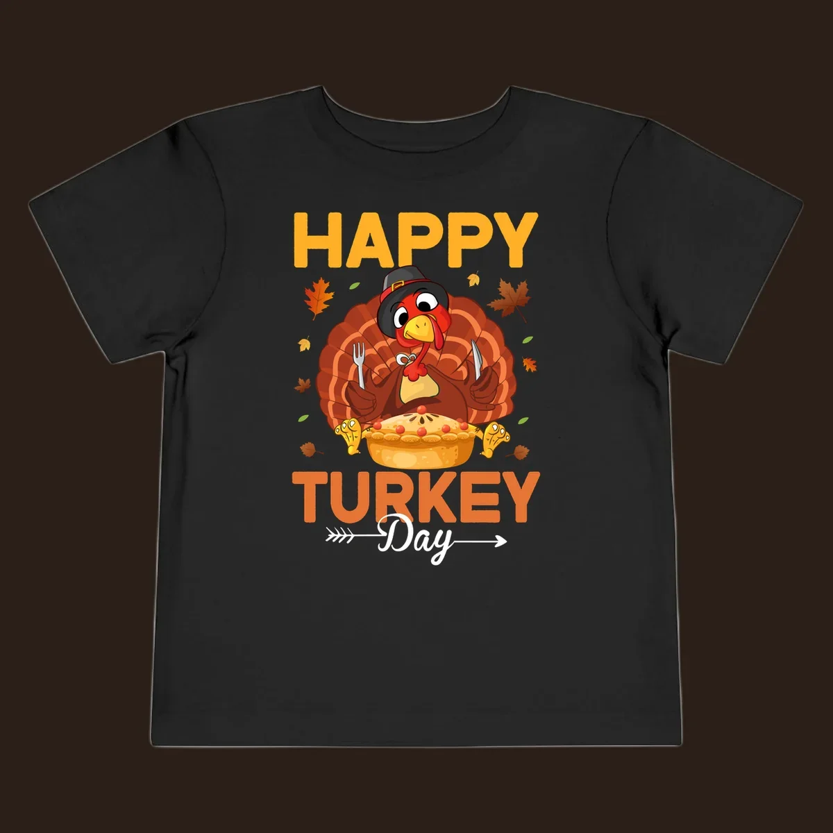 Happy Turkey Day cartoon illustration with a turkey, pie, and text. 