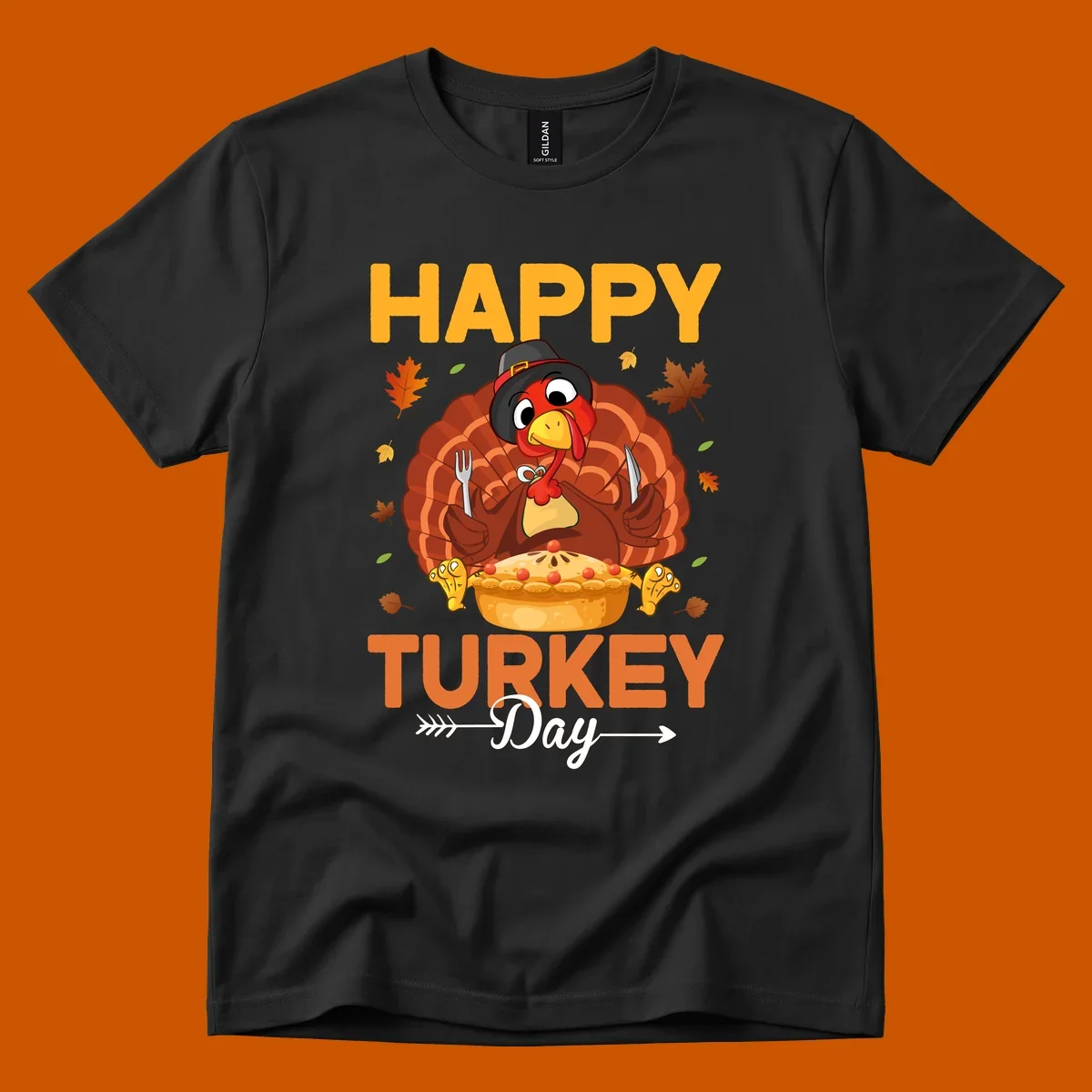 Happy Turkey Day cartoon illustration with a turkey, pie, and text. 