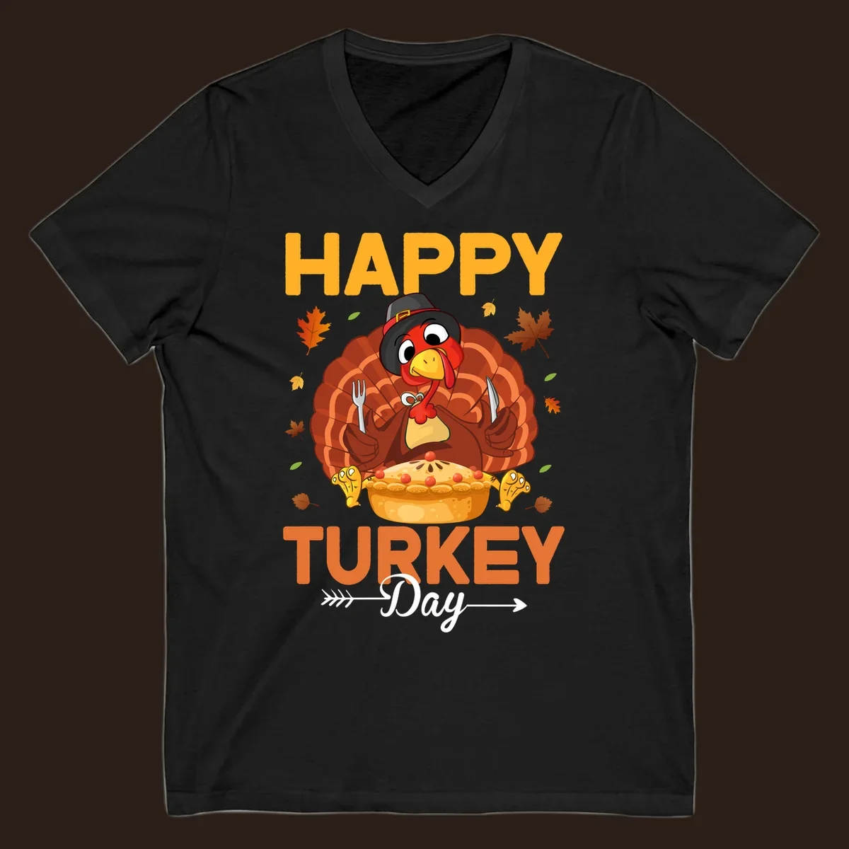 Happy Turkey Day cartoon illustration with a turkey, pie, and text. 