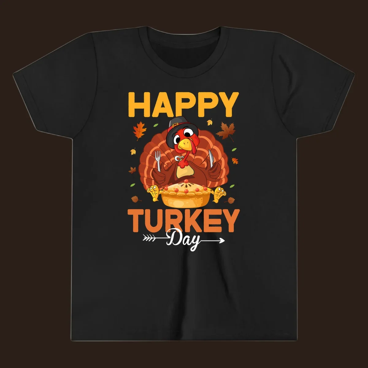 Happy Turkey Day cartoon illustration with a turkey, pie, and text. 