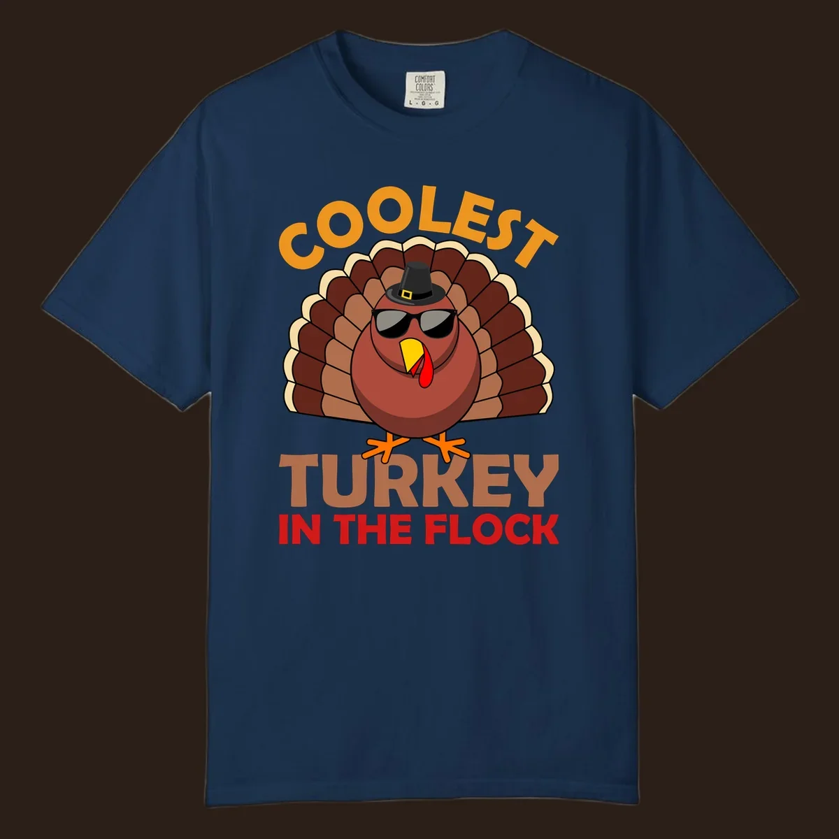 Coolest turkey in the flock Thanksgiving illustration with a turkey wearing sunglasses and a hat.