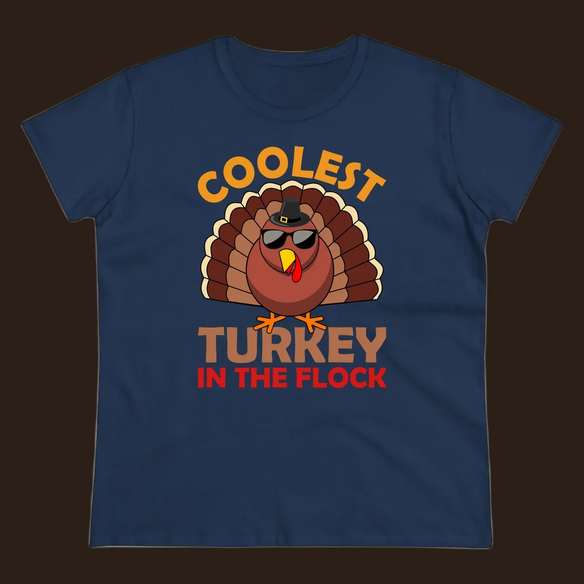 Coolest turkey in the flock Thanksgiving illustration with a turkey wearing sunglasses and a hat.