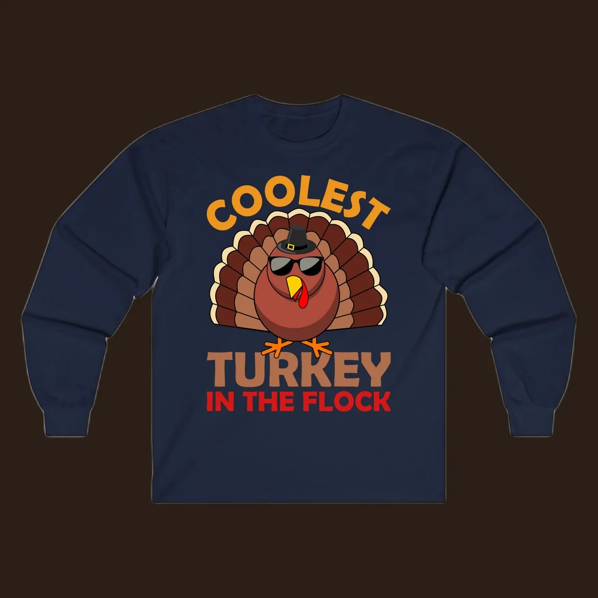 Coolest turkey in the flock Thanksgiving illustration with a turkey wearing sunglasses and a hat.