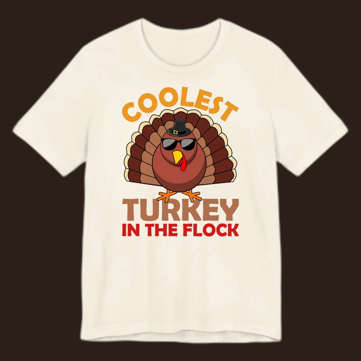 Coolest turkey in the flock Thanksgiving illustration with a turkey wearing sunglasses and a hat.
