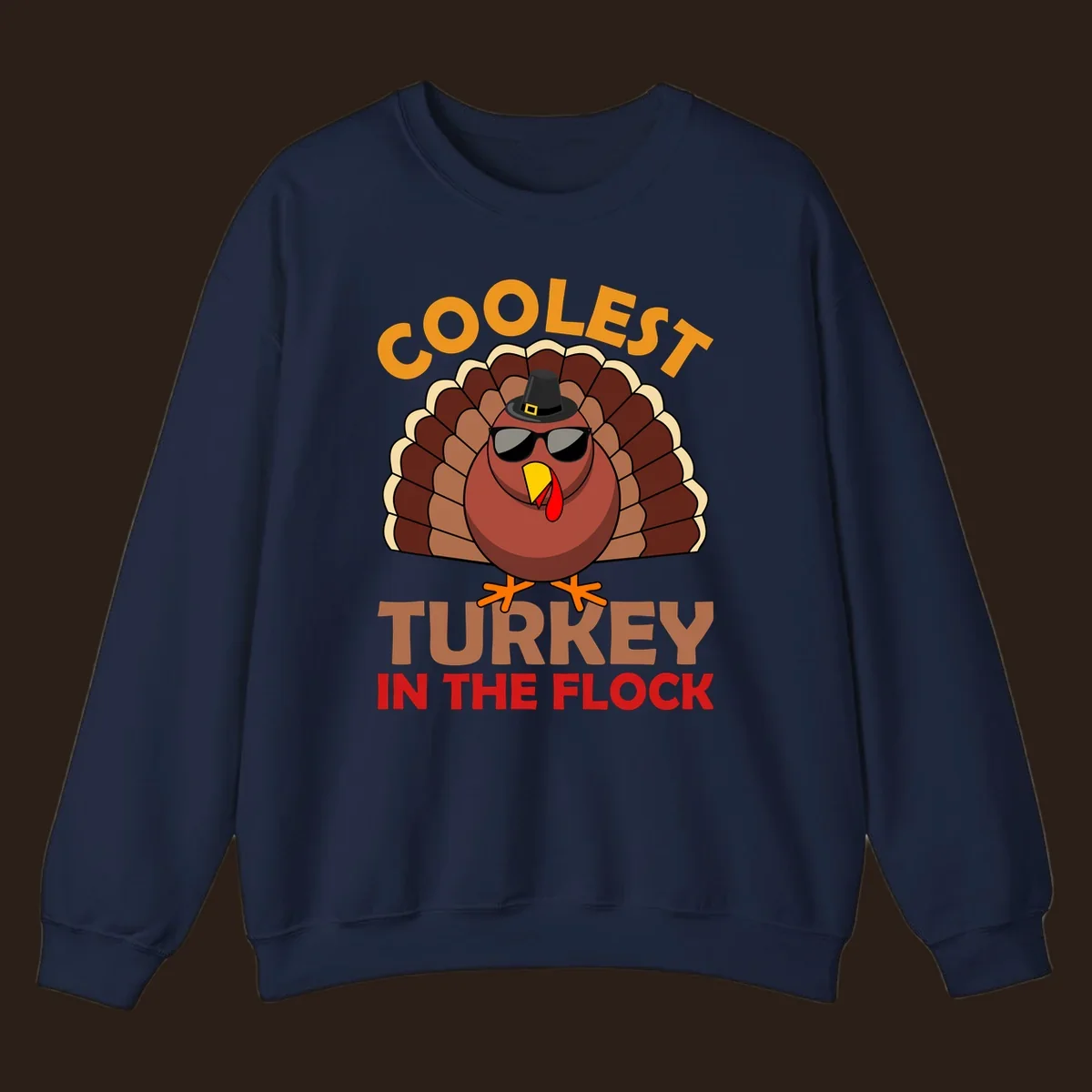 Coolest turkey in the flock Thanksgiving illustration with a turkey wearing sunglasses and a hat.