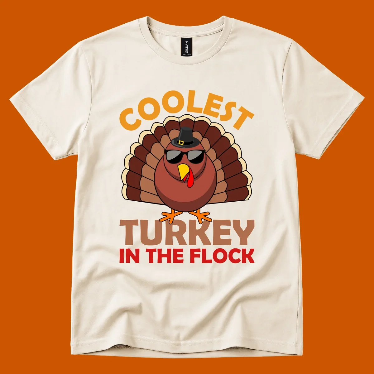Coolest turkey in the flock Thanksgiving illustration with a turkey wearing sunglasses and a hat.