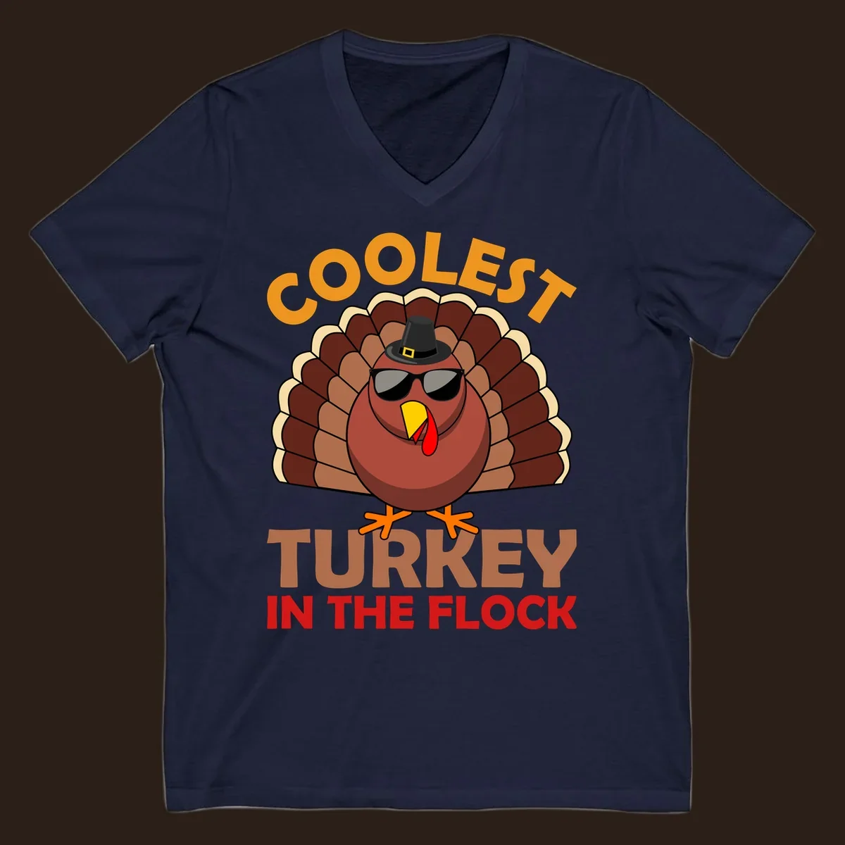 Coolest turkey in the flock Thanksgiving illustration with a turkey wearing sunglasses and a hat.