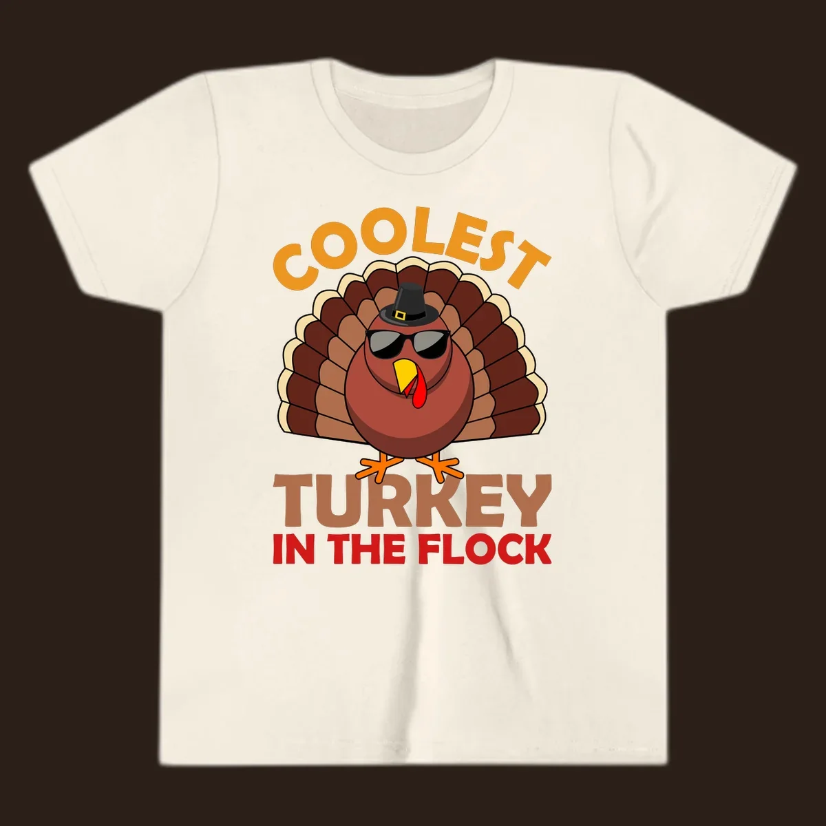 Coolest turkey in the flock Thanksgiving illustration with a turkey wearing sunglasses and a hat.