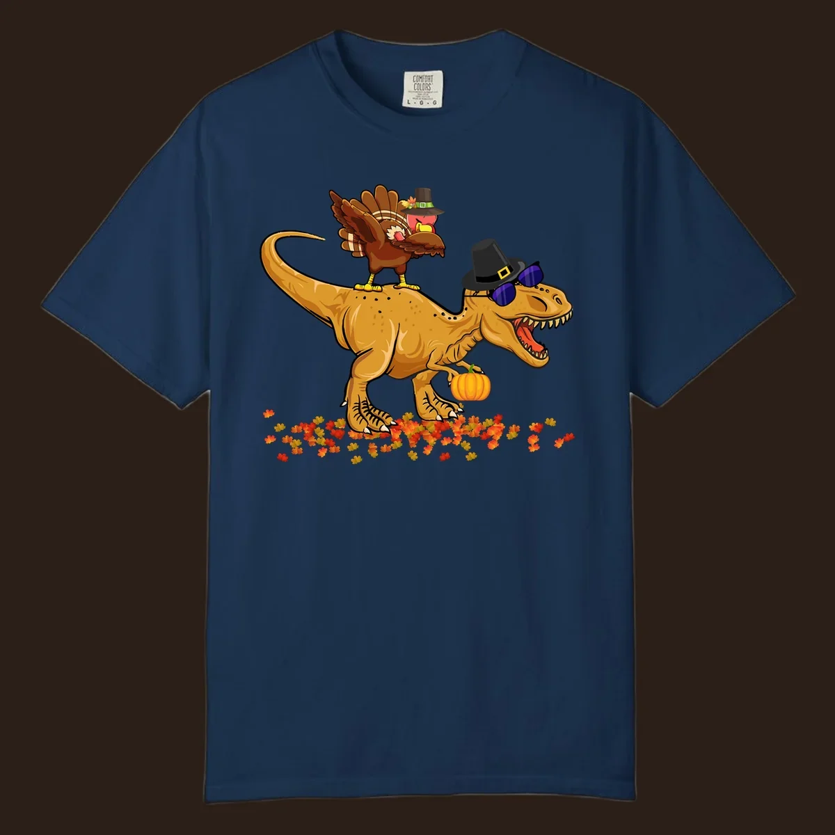 Dinosaur turkey thanksgiving ride illustration with sunglasses and pumpkin.