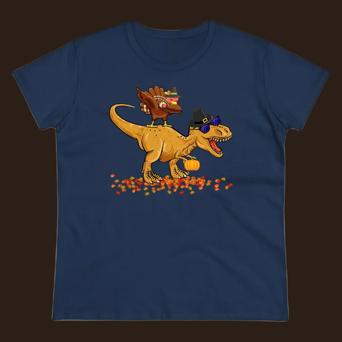 Dinosaur turkey thanksgiving ride illustration with sunglasses and pumpkin.