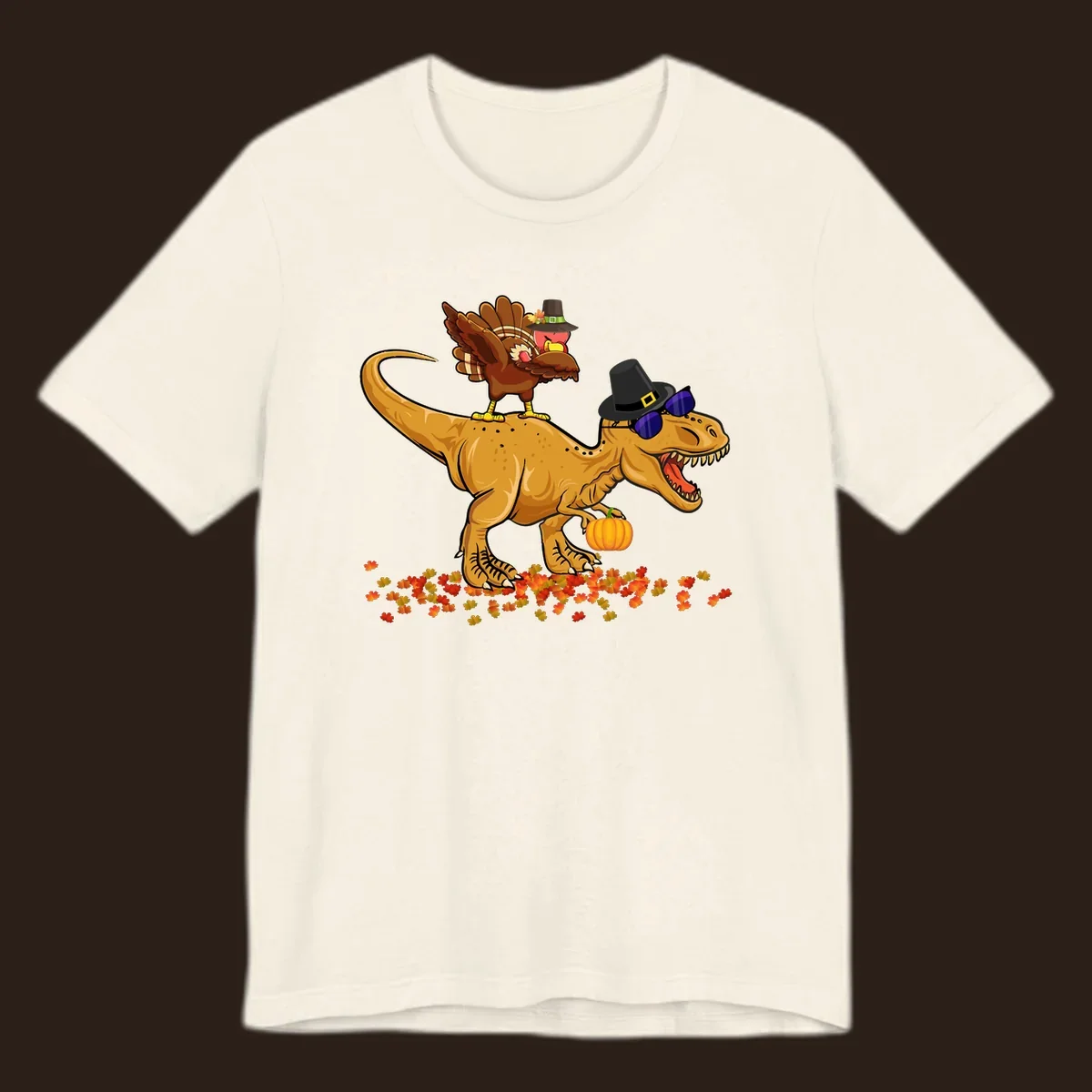 Dinosaur turkey thanksgiving ride illustration with sunglasses and pumpkin.