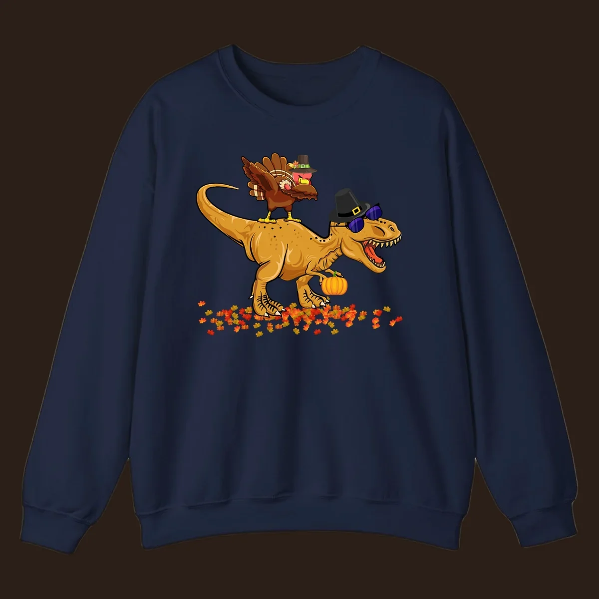 Dinosaur turkey thanksgiving ride illustration with sunglasses and pumpkin.
