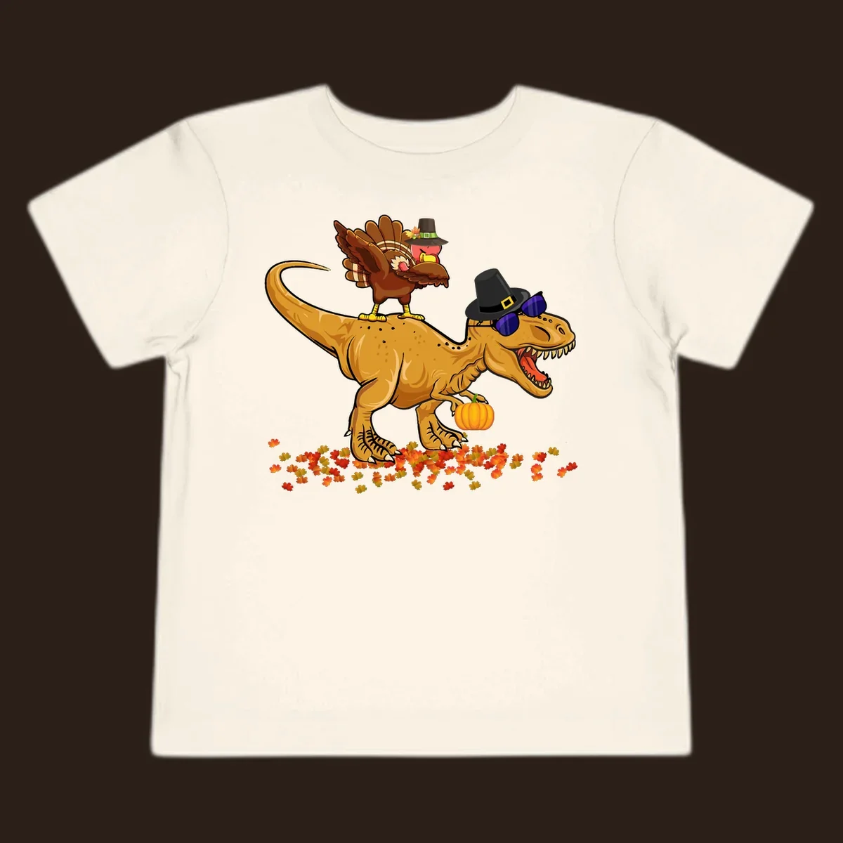 Dinosaur turkey thanksgiving ride illustration with sunglasses and pumpkin.