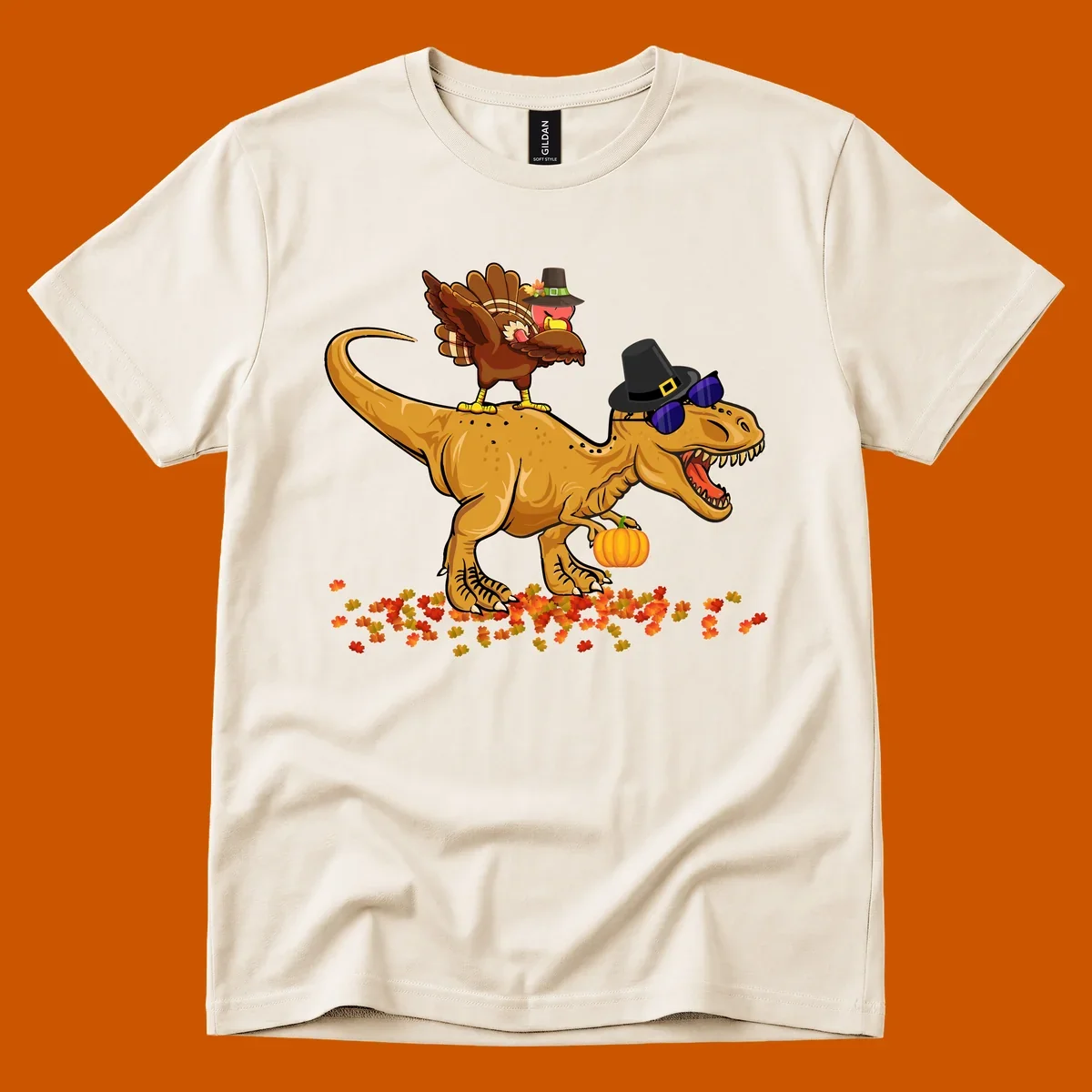 Dinosaur turkey thanksgiving ride illustration with sunglasses and pumpkin.