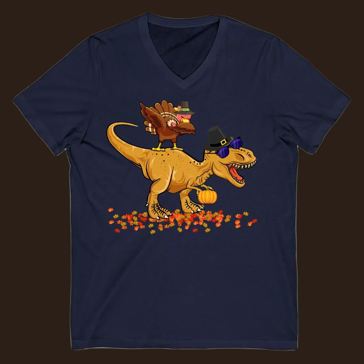 Dinosaur turkey thanksgiving ride illustration with sunglasses and pumpkin.