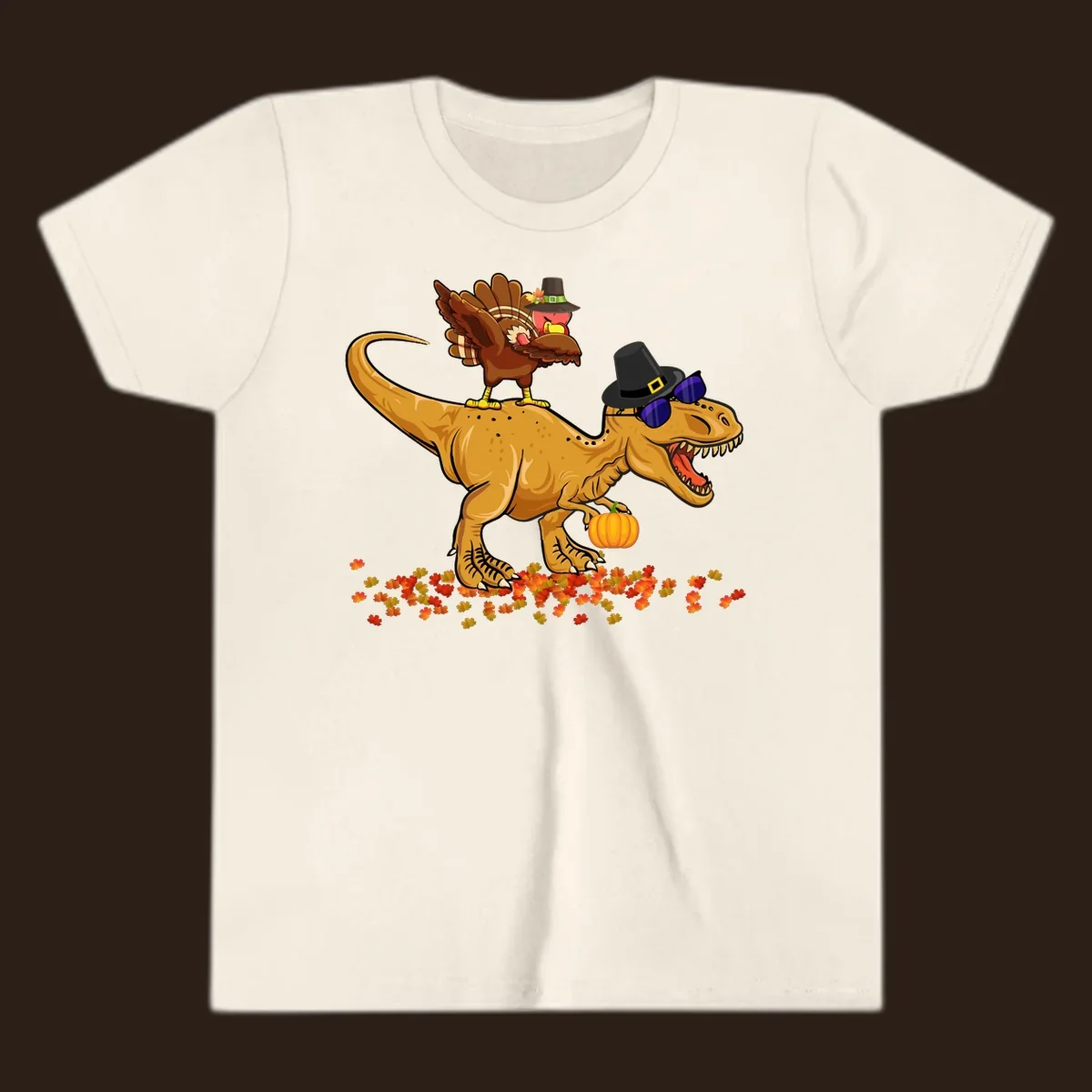 Dinosaur turkey thanksgiving ride illustration with sunglasses and pumpkin.