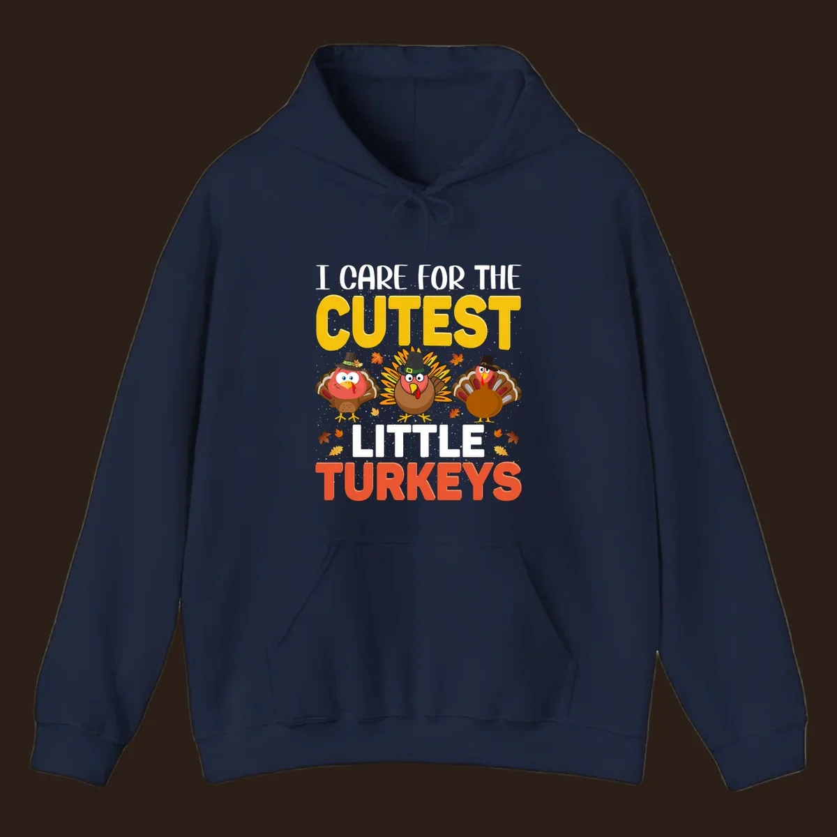 I Care For The Cutest Little Turkeys design with cartoon turkeys and autumn leaves.