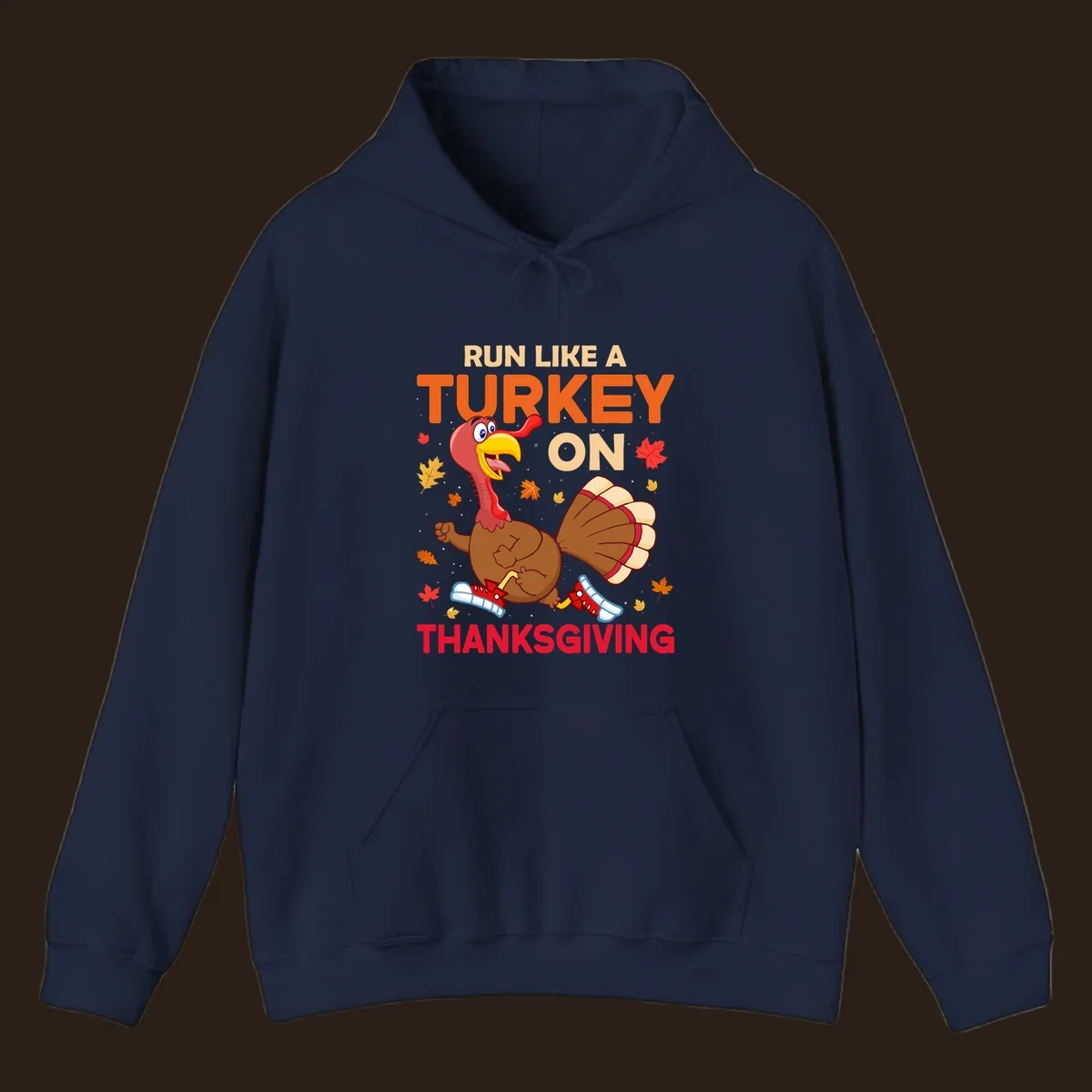 Cartoon turkey running with text Run Like A Turkey On Thanksgiving, autumn leaves and snowflakes.