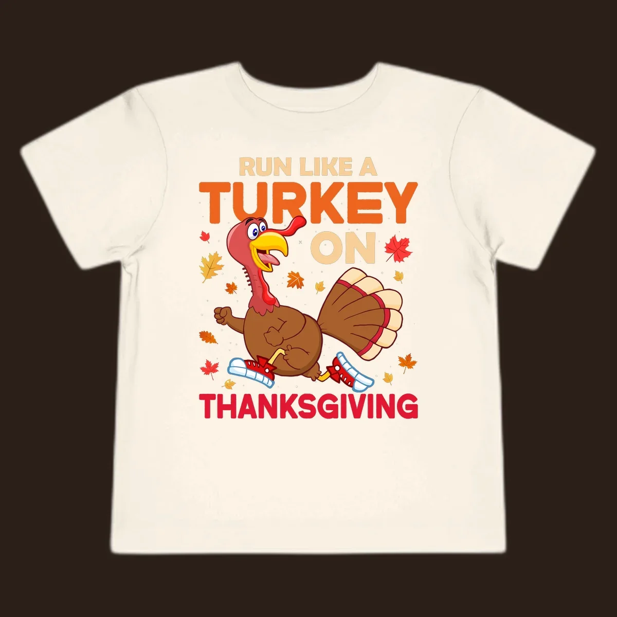 Cartoon turkey running with text Run Like A Turkey On Thanksgiving, autumn leaves and snowflakes.