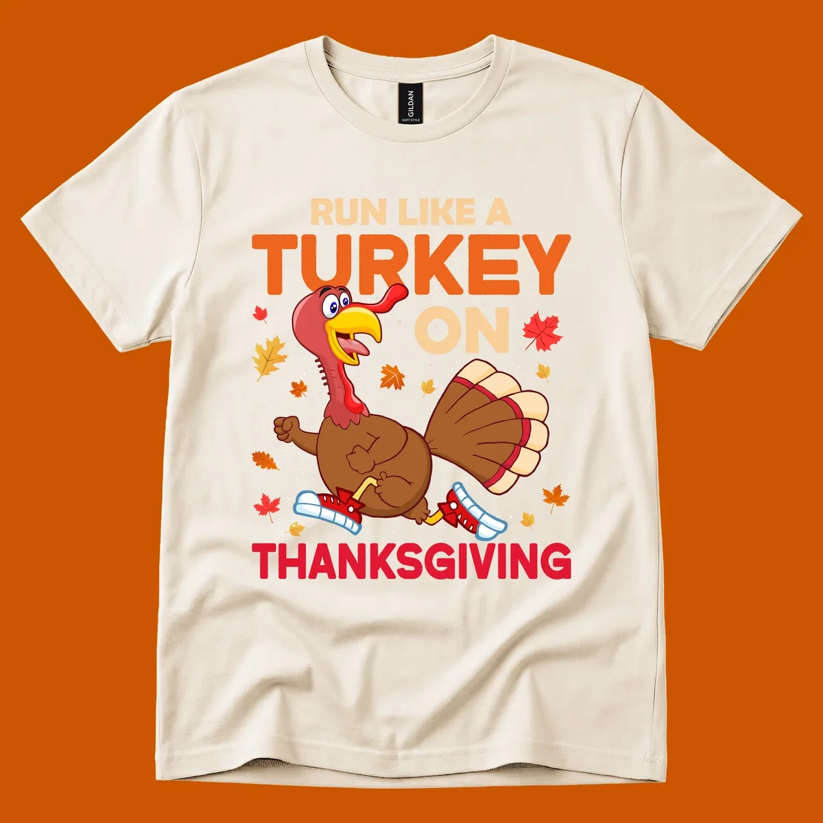 Cartoon turkey running with text Run Like A Turkey On Thanksgiving, autumn leaves and snowflakes.