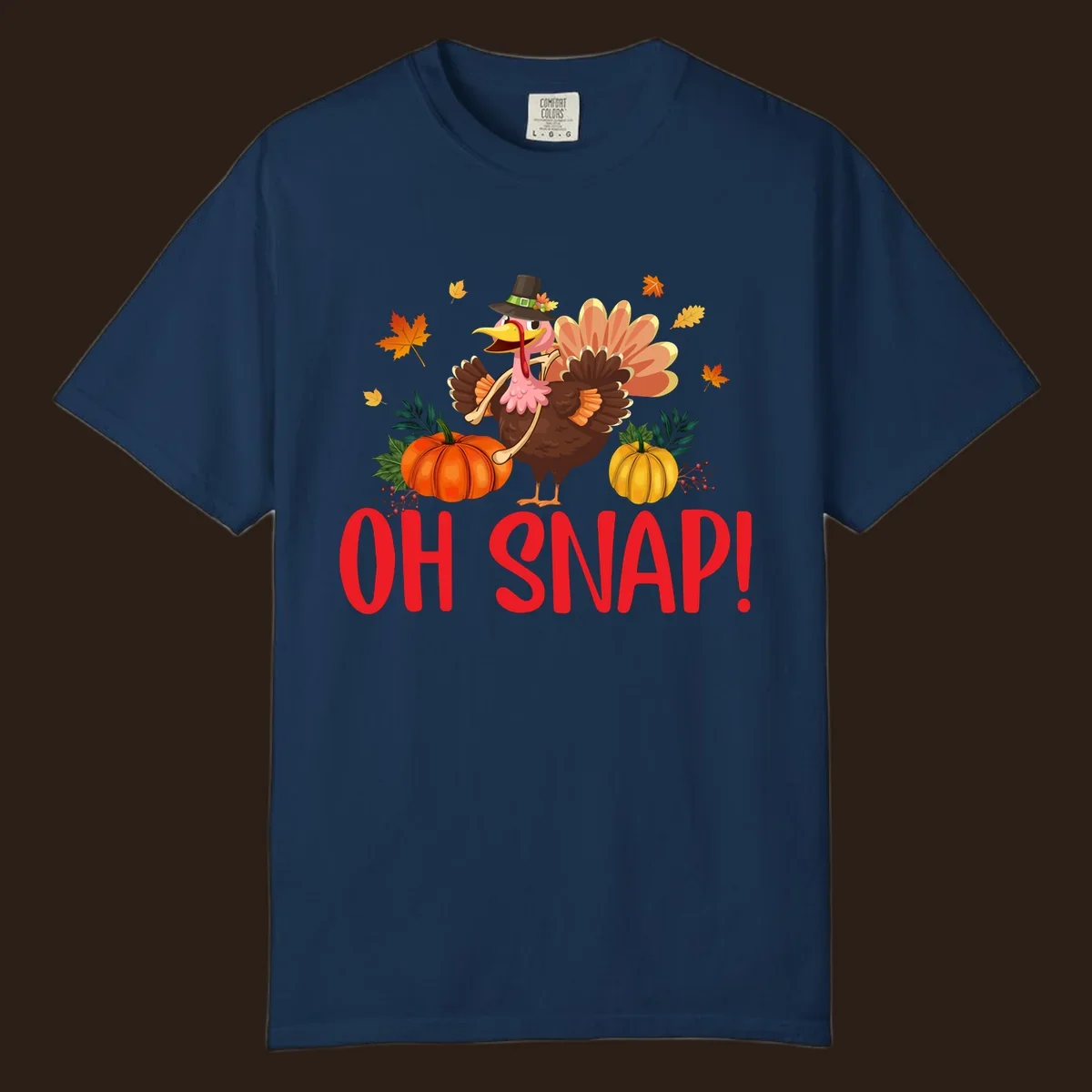 Funny Thanksgiving turkey illustration with text 'OH SNAP!' and pumpkins.