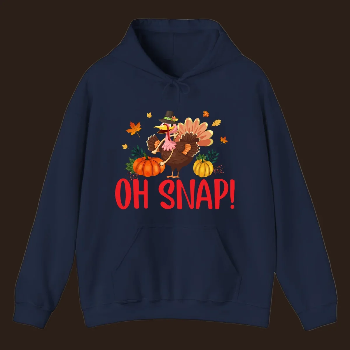 Funny Thanksgiving turkey illustration with text 'OH SNAP!' and pumpkins.
