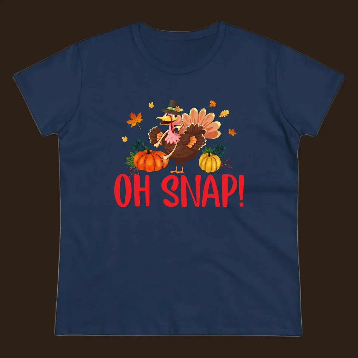 Funny Thanksgiving turkey illustration with text 'OH SNAP!' and pumpkins.