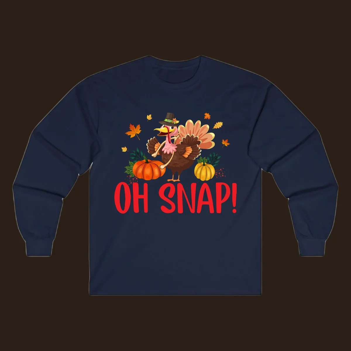 Funny Thanksgiving turkey illustration with text 'OH SNAP!' and pumpkins.