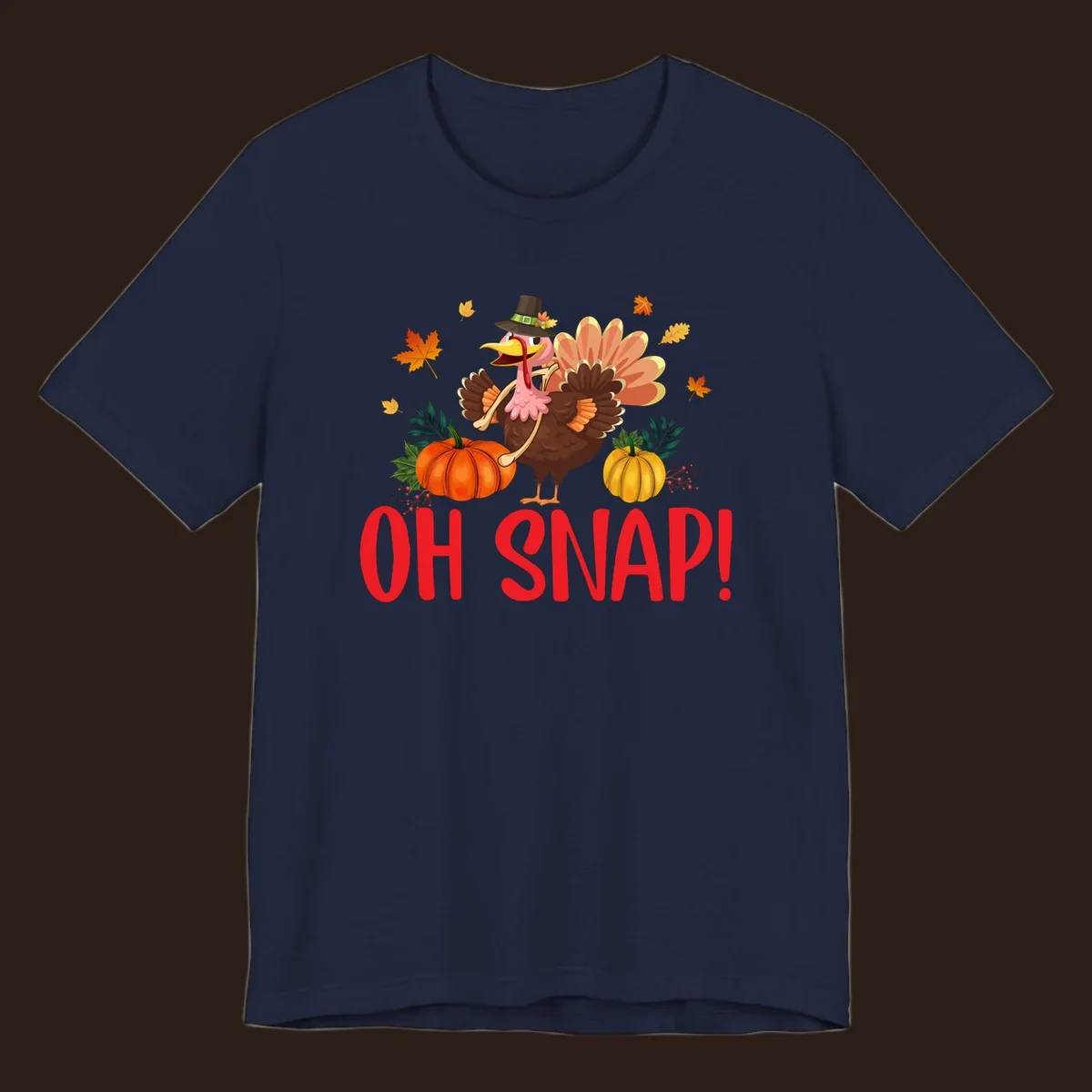Funny Thanksgiving turkey illustration with text 'OH SNAP!' and pumpkins.